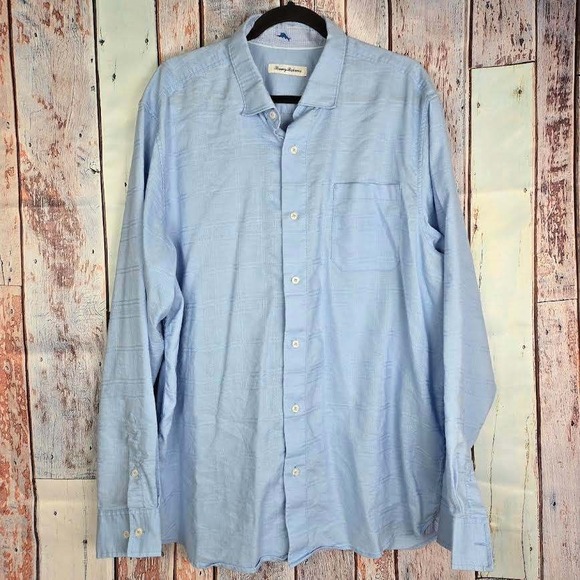 Tommy Bahama Men's Linen Blend XLT Blue Plaid Jacquard Long Sleeve Button Shirt - Picture 1 of 8